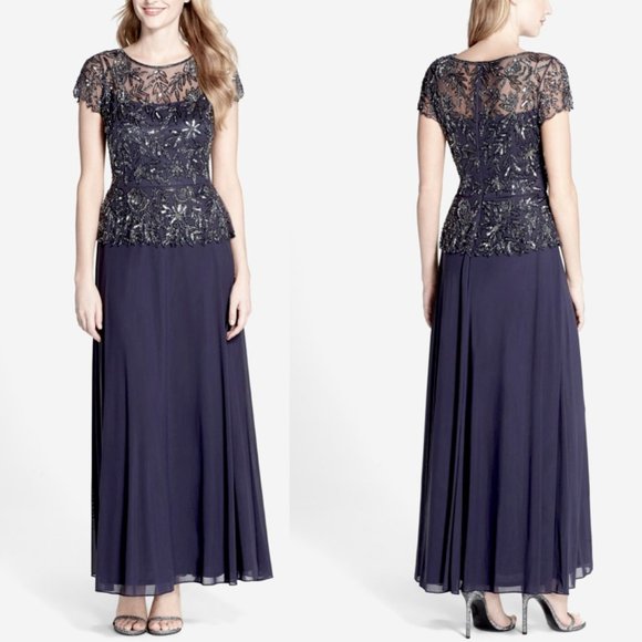 PISARRO NIGHTS BEADED MESH MOCK TWO-PIECE SLATE DRESS sz 2 - Picture 1 of 6
